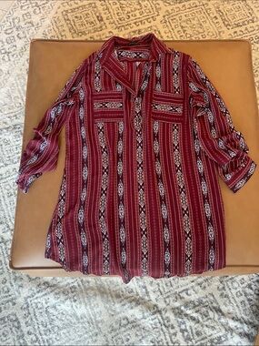 Cals Burgundy Patterned Button-Up Blouse